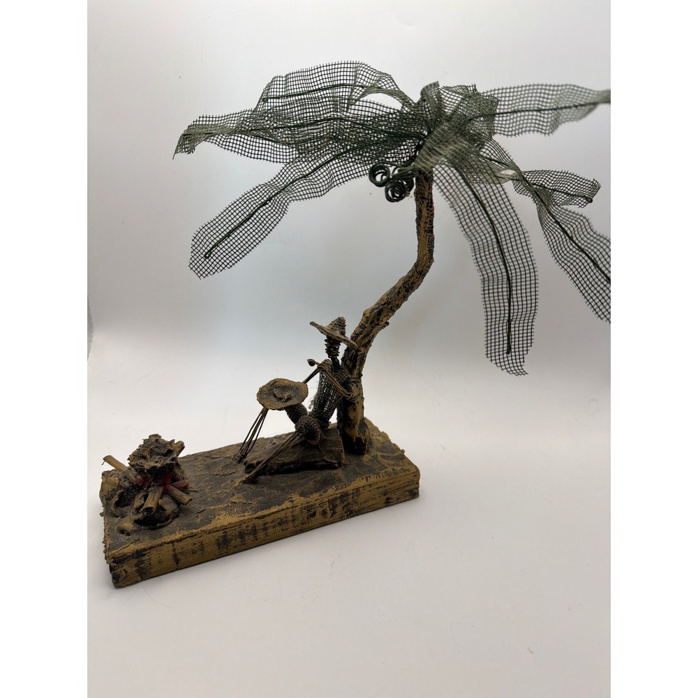 Vintage Mixed Media Wire Mesh Palm Tree Figure Campfire Folk Art Sculpture